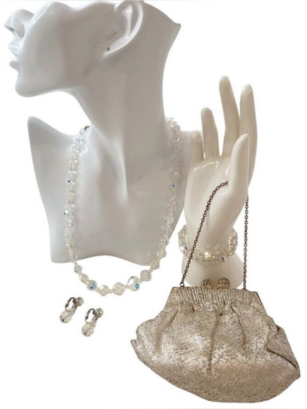 Vintage Made in France Gold Evening Bag + Aurora Borealis Crystal Jewelry Set